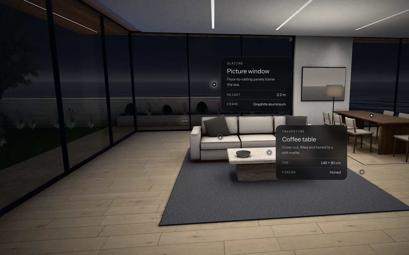 A walkthrough: the living room, with two detail cards open.